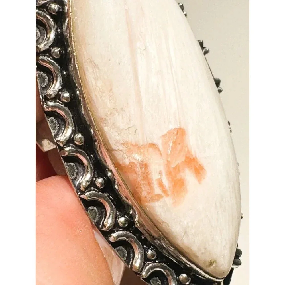 Scolecite Oval White Stone Silver Statement ring 8